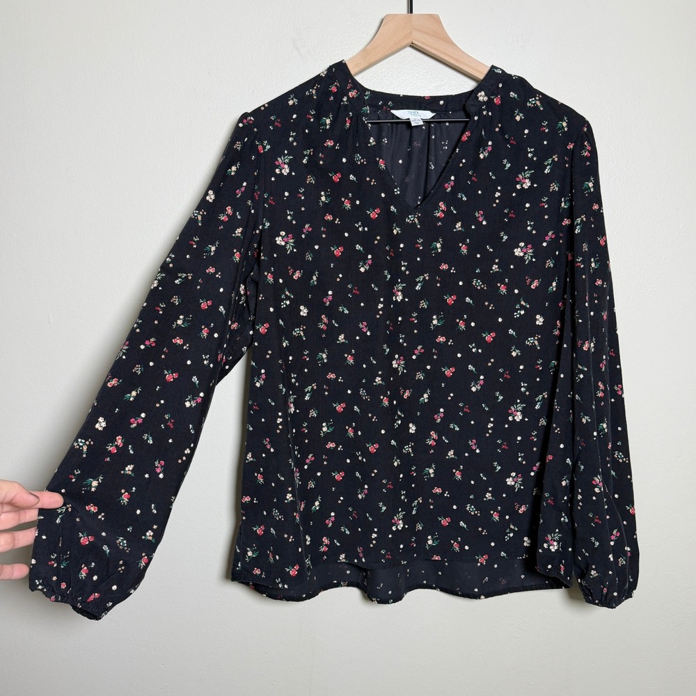 Time and Tru Womens Cotton Blouse L Black Floral Corduroy V-Neck Top Cottagecore